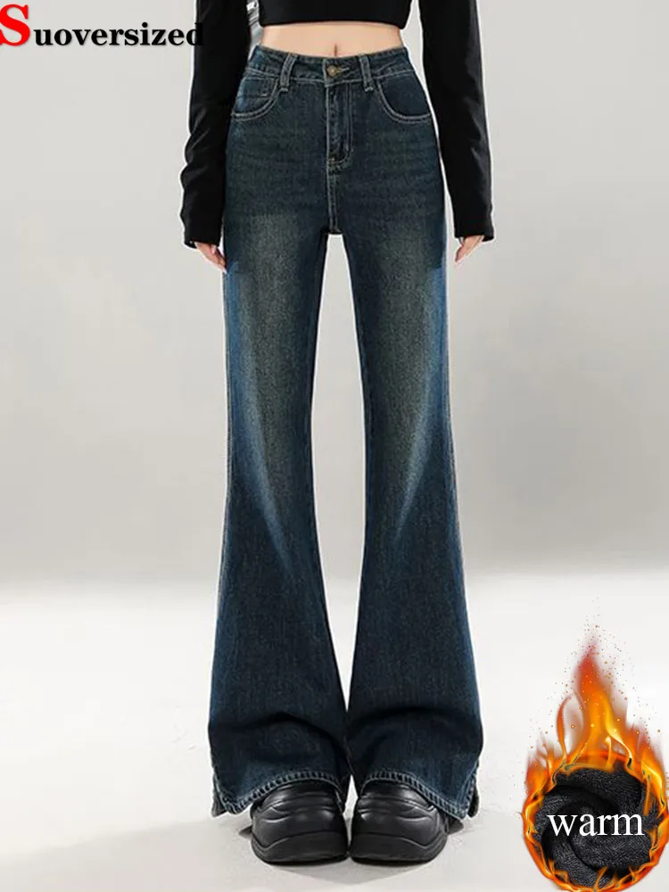 

Зимние теплые расклешенные джинсы с разрезом, женские узкие винтажные утепленные бархатные подкладки Vaqueros, корейские модные повседневные широкие джинсовые брюки
