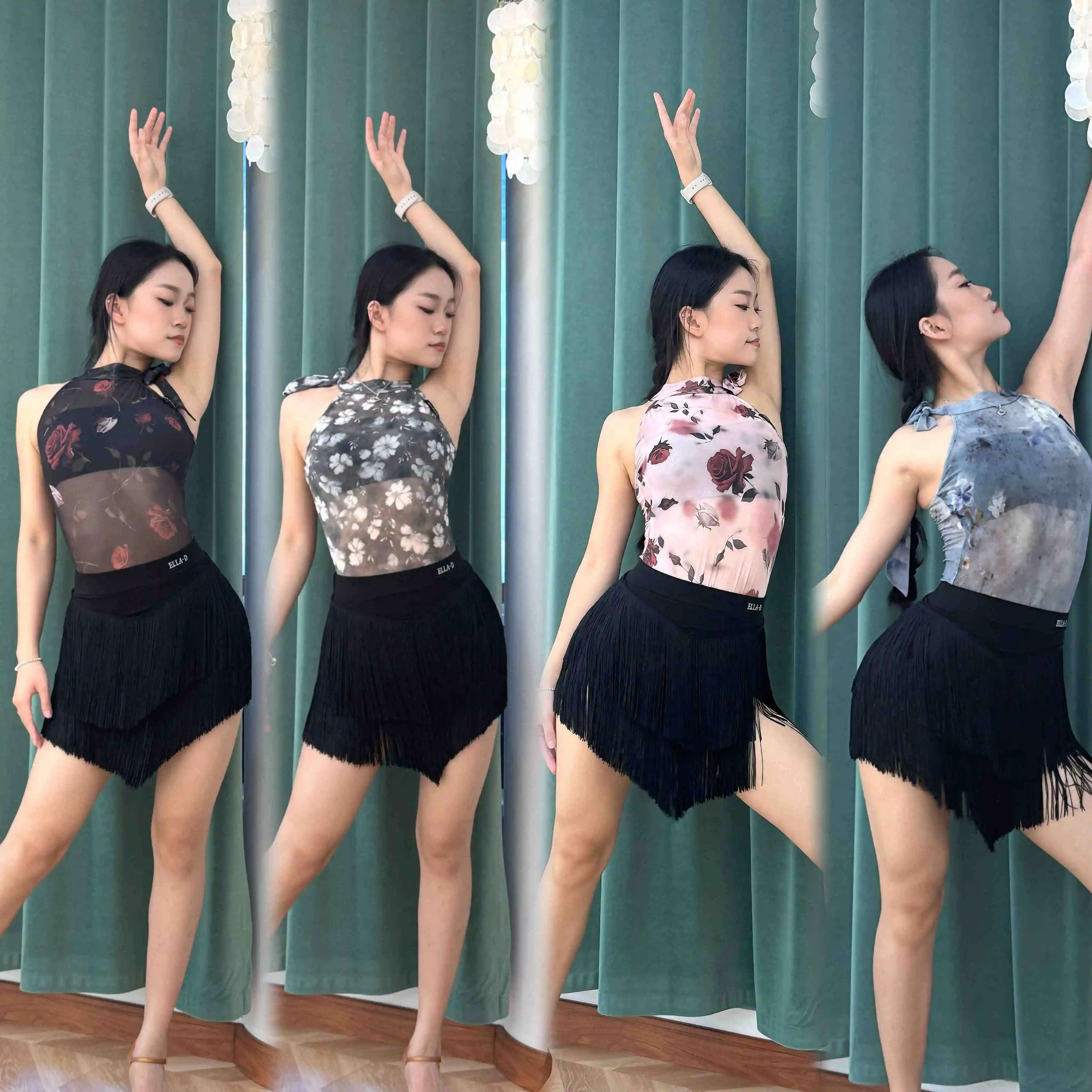 

Одежда для латинских танцев, женские сетчатые топы без рукавов с цветочным принтом, юбка с бахромой, одежда для тренировок по танцам ча-ча, румба, самба, DNV24410