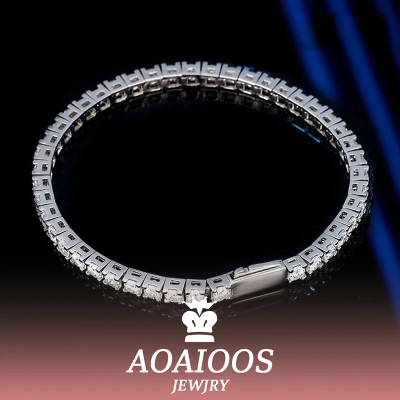 

AOAIOS Spring Buckle 3mm Moissanite Tennis Bracelet for Women Man 925 Sterling Silver Original Certified Bangle Full Diamond GRA