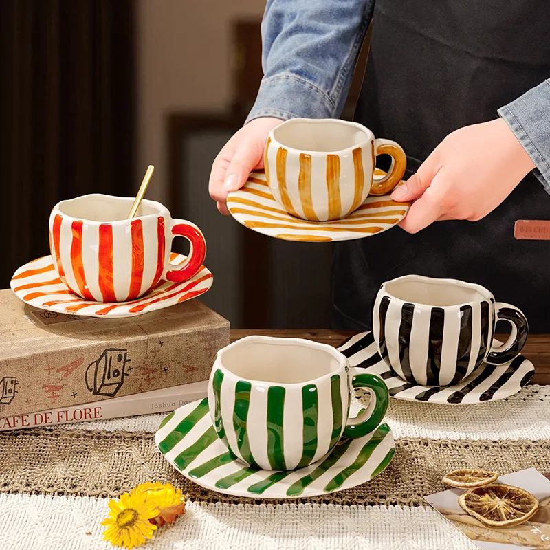

360 ml Ceramic Coffee Mug with Saucers Handmade Stripes Mugs for Girl Women Tea Milk Cup with Handle Latte Cocoa Office Home