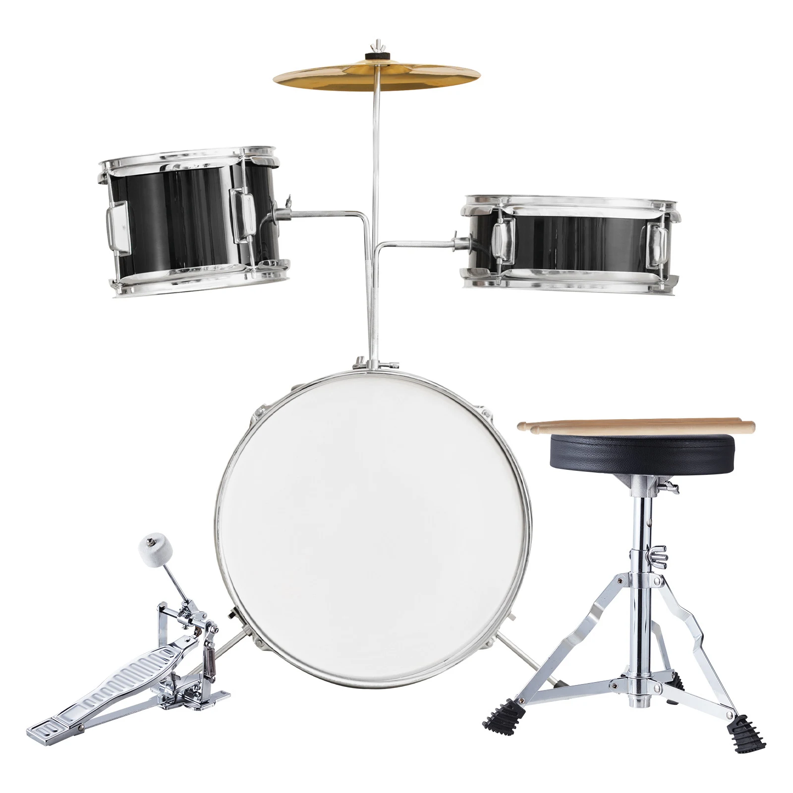 SucceBuy Ensemble de batterie pour enfants 3 pièces 14 pouces pour débutants avec tabouret réglable, pédale de cymbale et deux paires de baguettes pour enfant Noir/Bleu
