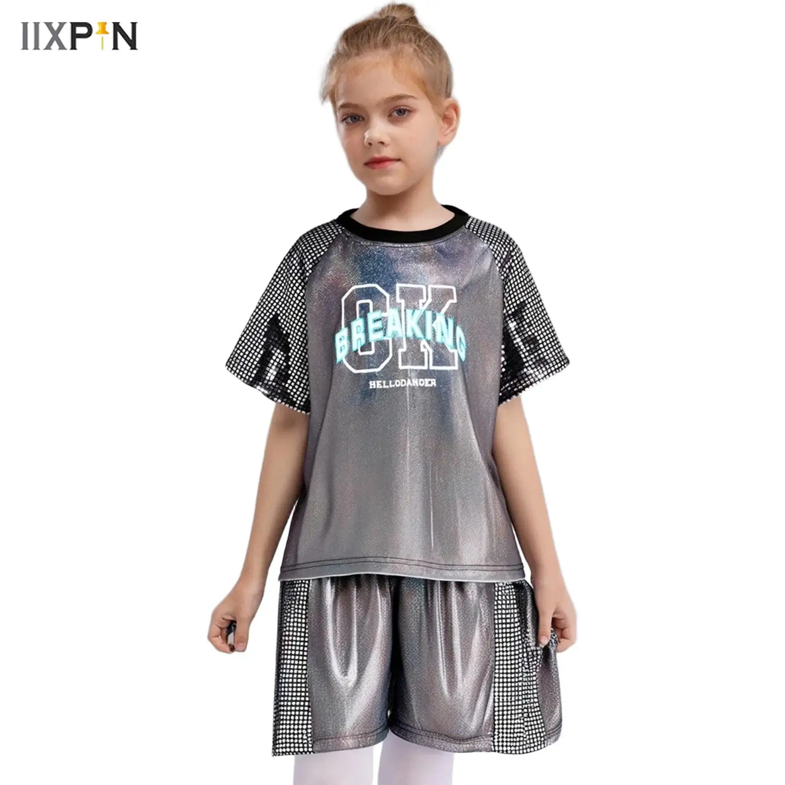 

Kids Girls Boys Hip-Hop Street Dance Outfit Round Neck Short Sleeve Sparkling Sequins Metallic Top+Shorts/Skirts for Performance