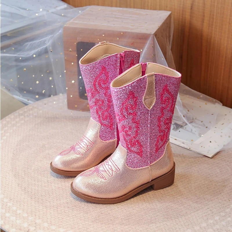 Rose Pink Glitter Western Knee High Boots Kid Girl  Slip-on Cowboy Long Booties Child Low Heeled Round Toe Warm Plush Botas