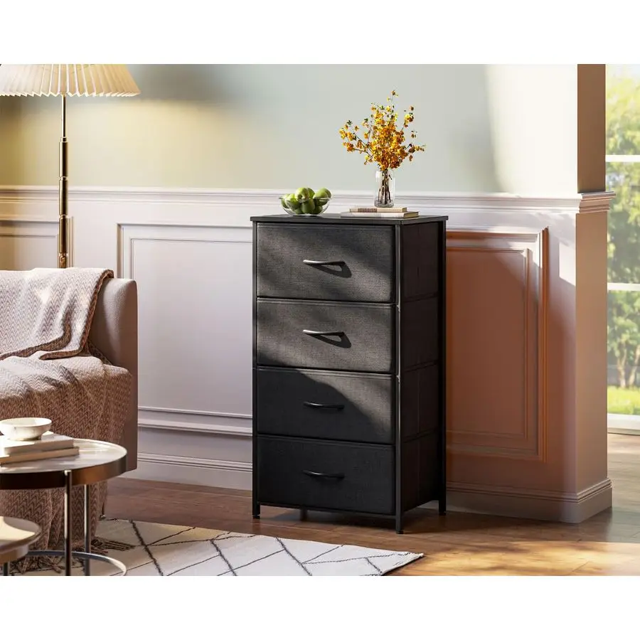 

Dresser for Bedroom with 4 Storage Drawers, Small Dressers Chest of Drawers Fabric Dresser with Sturdy Steel Frame, Black