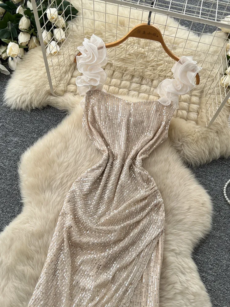 Women's Apricot Slit Cami Sequin Long Dress Party Evening Dress Sexy French Vintage Elegant A-Line Maxi Dress for Women Summer