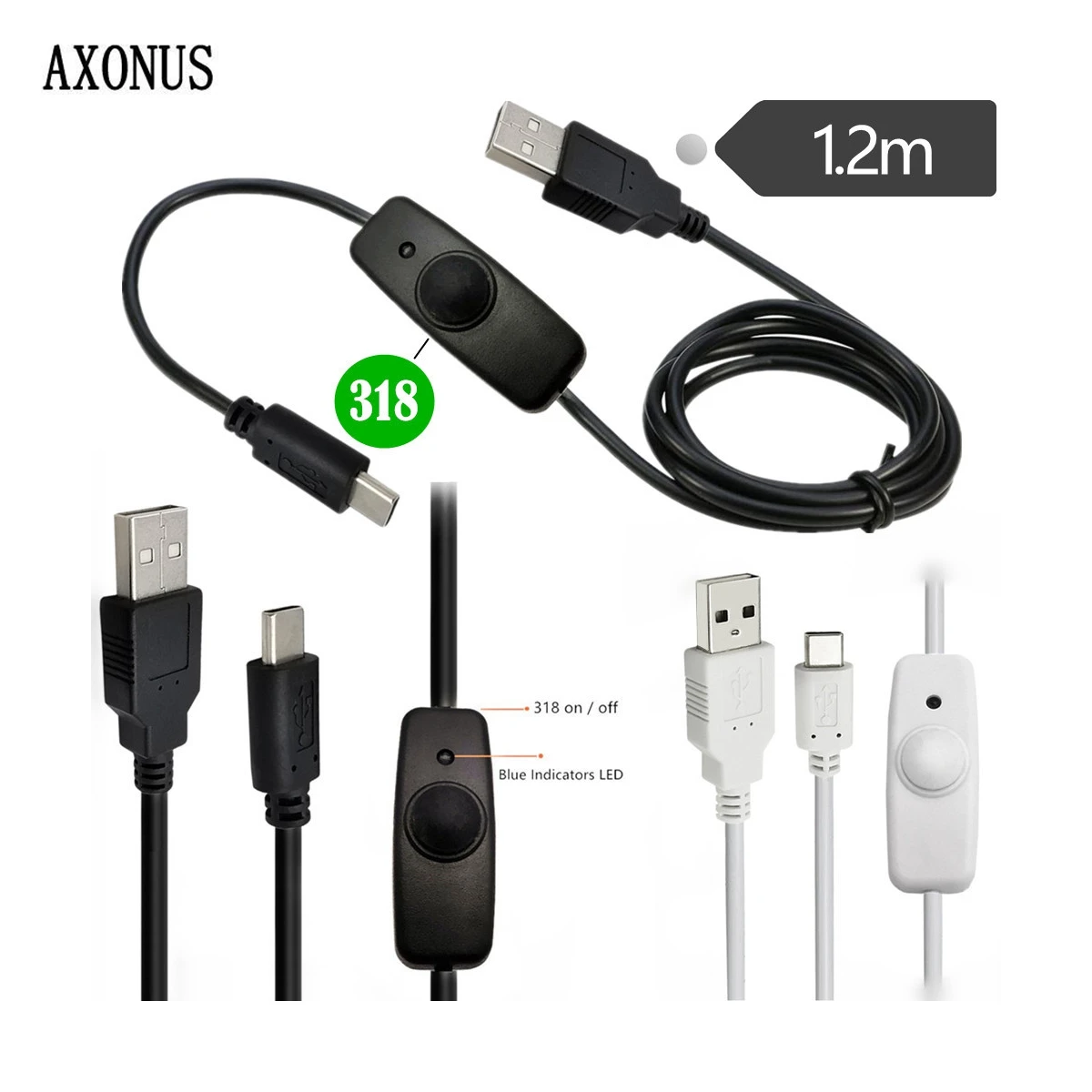 USB AM to Type-C male power extension cable 318 Rocker button switch LED light controller cable 2A