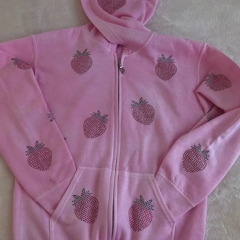 Rosa Strass Erdbeer Print Reiß verschluss Hoodies Frauen Herbst y2k gotischen Stil übergroße Kapuze Sweatshirt Mode Freizeit jacke