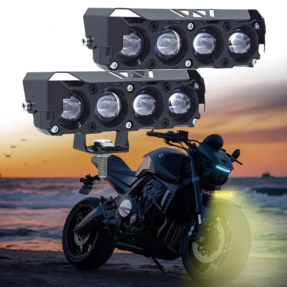 4 Lens Motorcycle LED Lighting High Low Beam Car Work LIghts Dual Color Driving Light Universal For Off Road Vehicles Trucks SUV