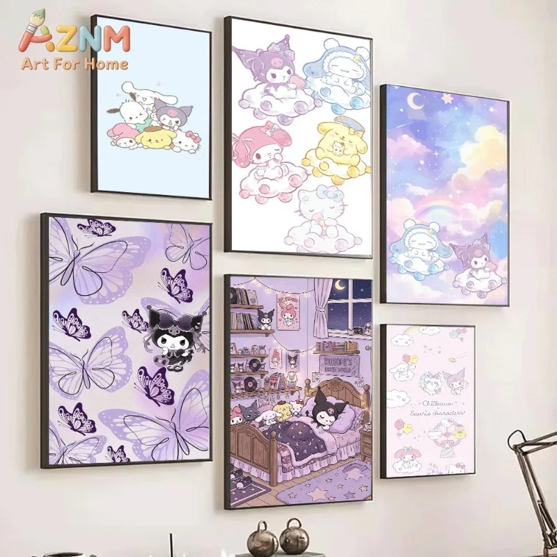 Sanrio Characters Cinnamoroll Kuromi My Melody Canvas Poster Cute Cartoon Print Unframed Canvas Art Butterfly Cloud Star Kawaii