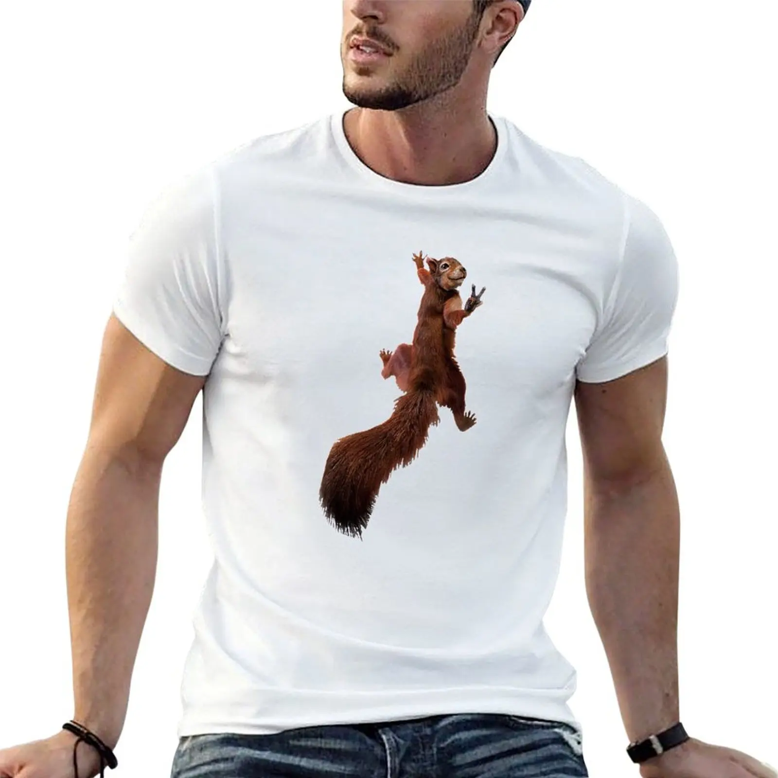Squirrel animal peace sign while Critter T-Shirt Fashion Print Casual Short Sleeve