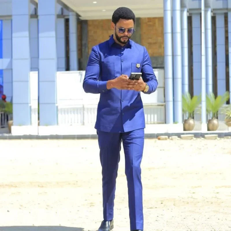 Blue Men Suits Chic Single Breasted Stand Lapel Slim Fit 2 Piece Jacket Pants Outfits Casual Daily Male Clothing Costume Homme