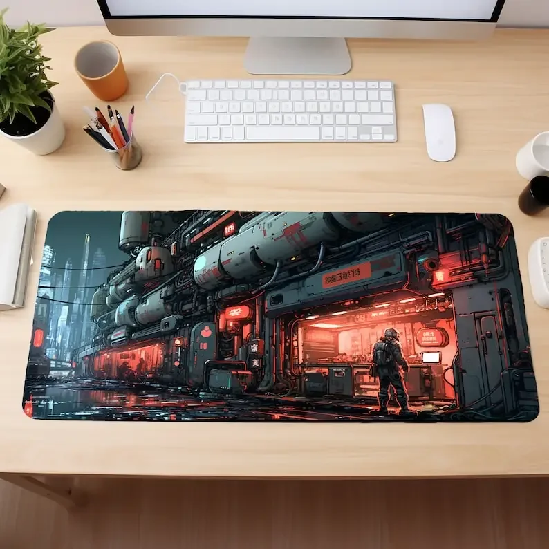 Alas Meja Besar Anime Science Fiction Factory, Alas Mouse Kota Masa Depan, Alas Meja Gaming Gamer PC Keyboard, Alas Mouse, Aksesoris Meja