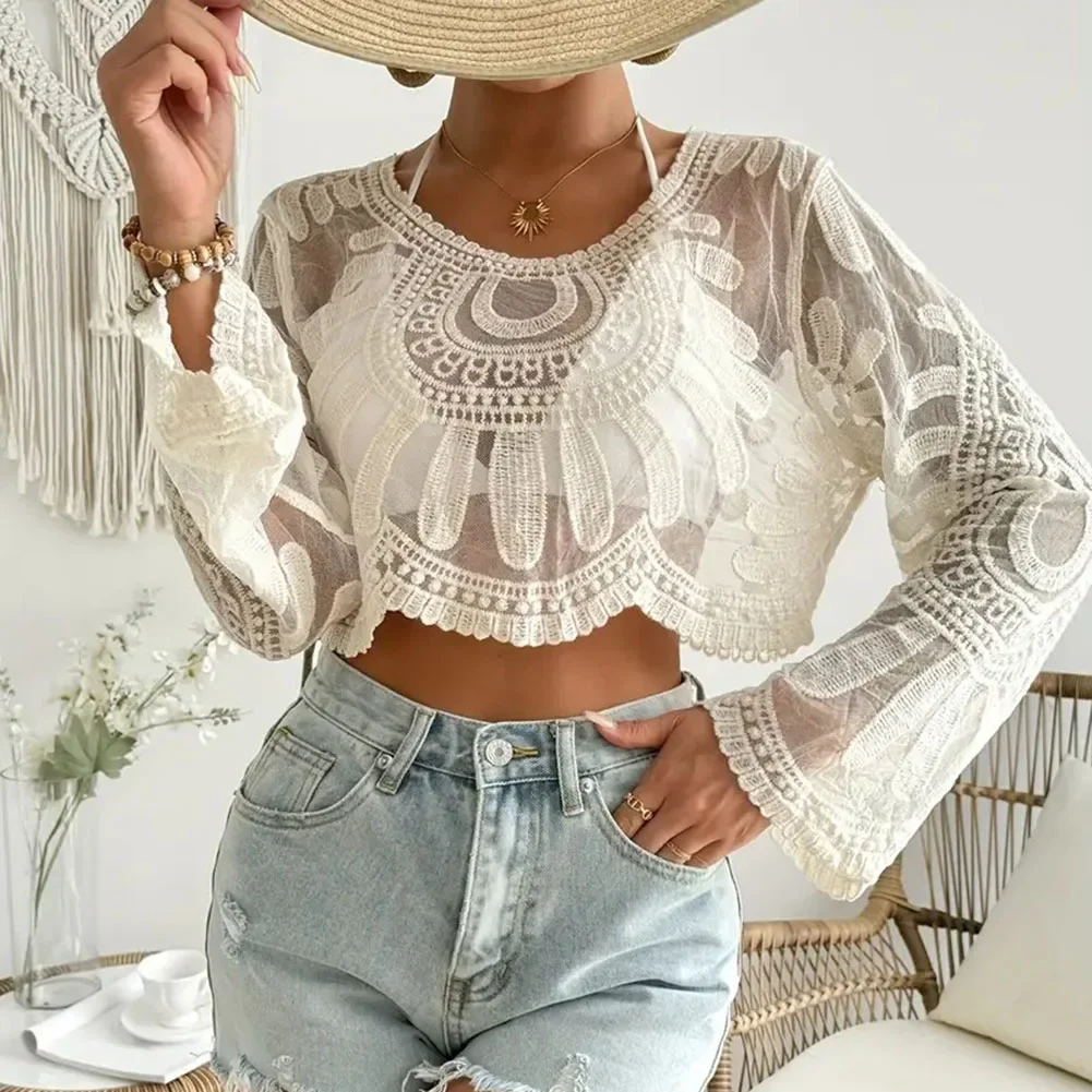 Casual Breathable Shirt Loose Fit Shirt Sun-protective Clothing Apricot Crochet Smock Shirt Breathable Lace Fabric