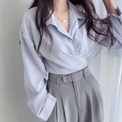 QWEEK Office Chic Elegant Short Shirts Women Korean Style Chemise Casual Vintage Solid Color Long Sleeve Autumn Clothes 2024