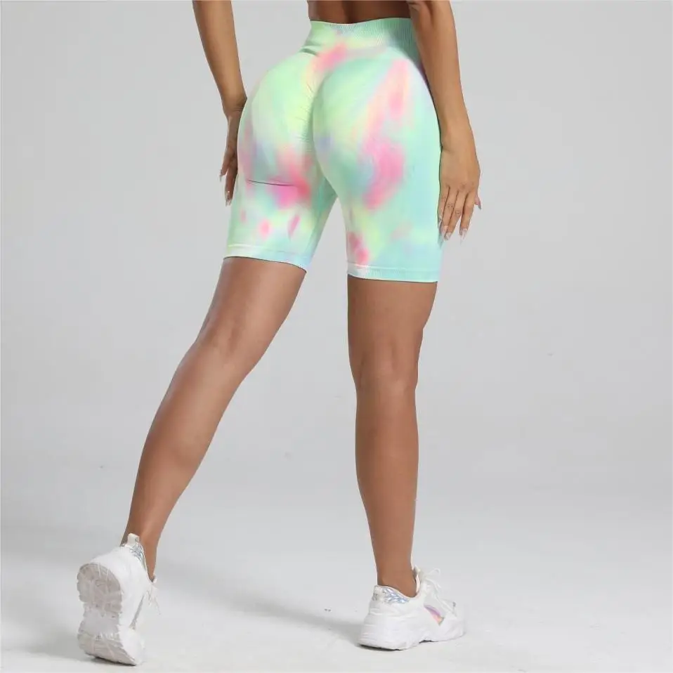 Women Nylon Gym Sports Shorts High Waist Seamless Tie dyed Elastic Fitness Yoga Leggins Pants Training Workout Tights Cycling