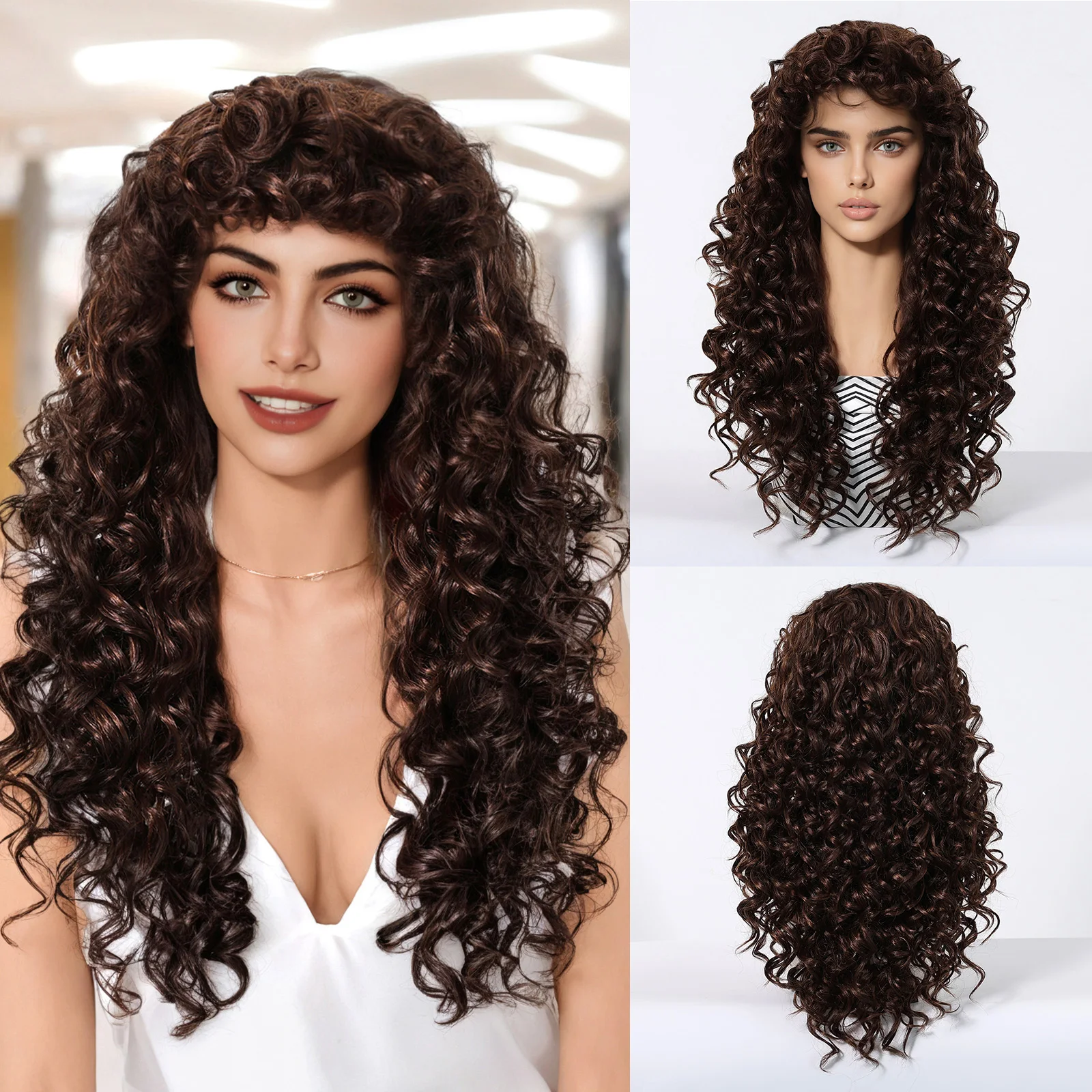 

ALAN EATON Темно-коричневые синтетические натуральные парики Кудрявые глубокие волнистые парики с челкой для женщин Использование повседневной вечеринки Термостойкое волокно