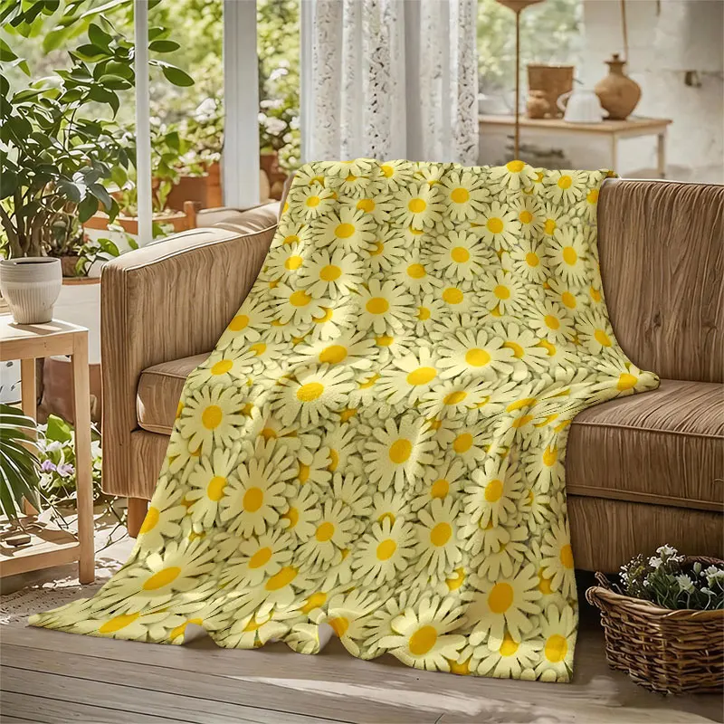 Daisy Seamless Print Flannel Blanket Warm Soft Halloween Christmas Decorative Couch Warm Cozy All-Season Gift