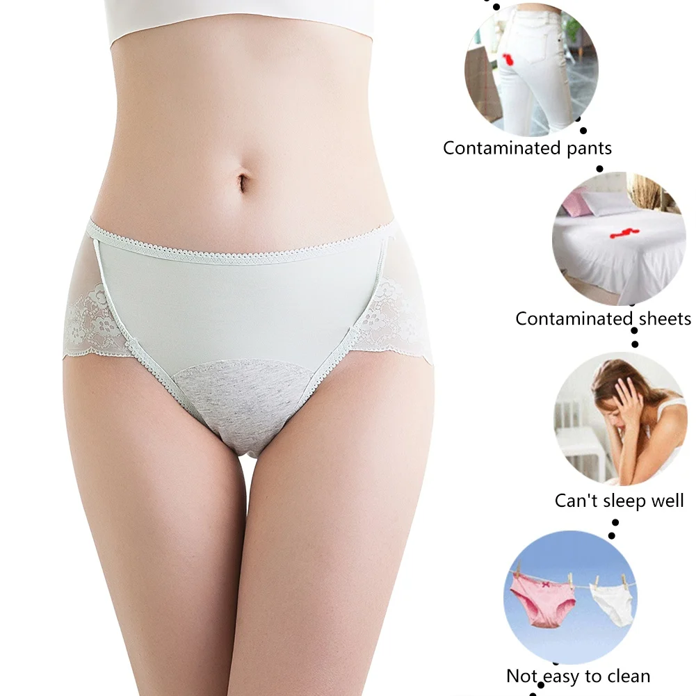 Women\'s Physiological Period Panties Leak Proof Sanitary Cotton Crotch Briefs Lace Breathable Mid-Rise Menstrual Underpants