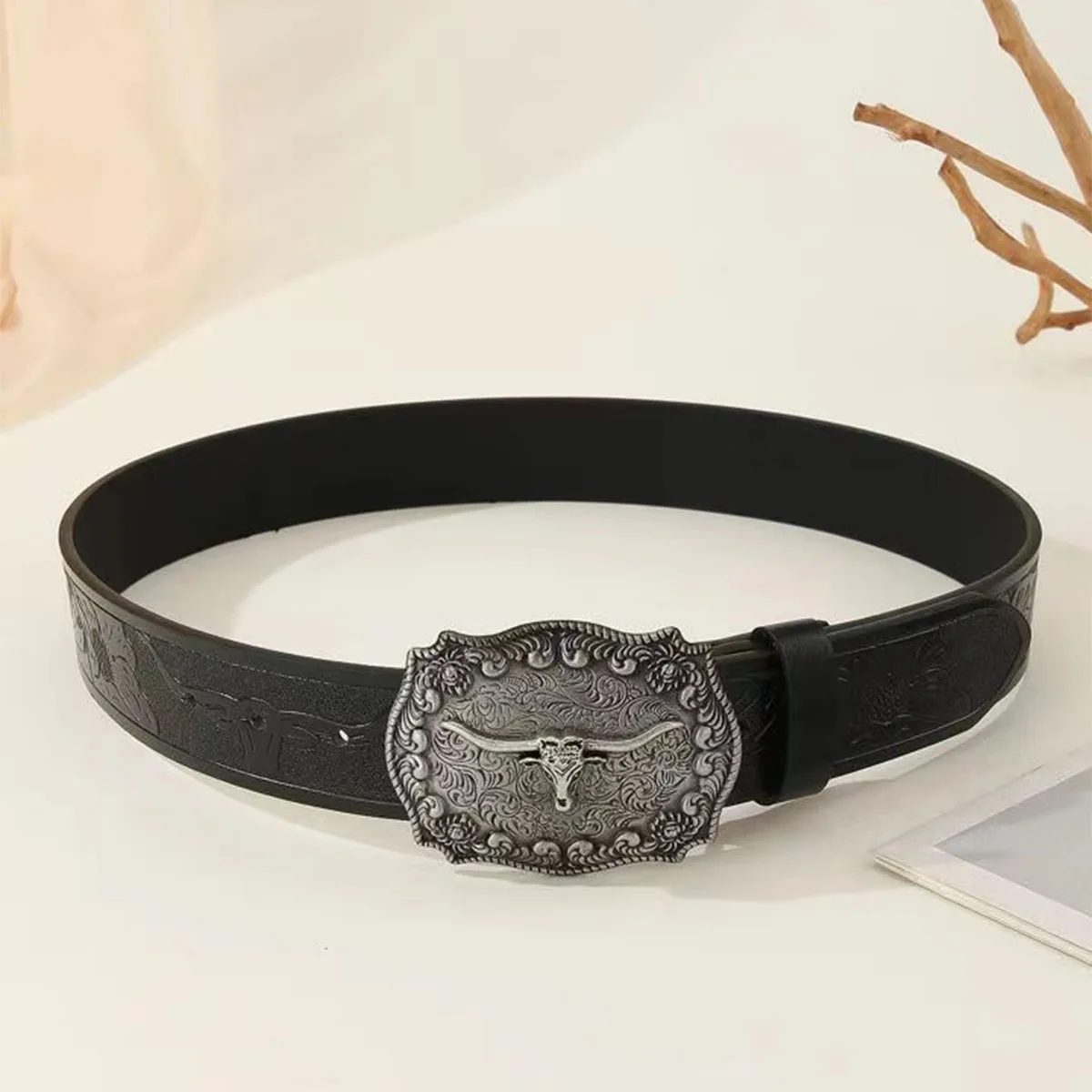 

Ma Bian Niu Tou3.7cm wide men's and women's Western bull head denim style bull scalprendy belt smooth buckle