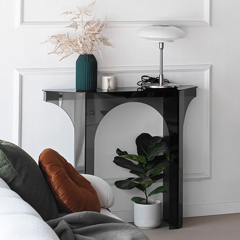 

Extremely narrow Italian minimalist acrylic console table against the wall decoration corridor, black long