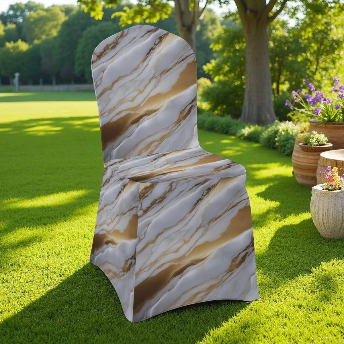 2D Elastic Full - Coverage Chair Cover, Marble Pattern (White & Gold), Universal for Hotel/Home/Outdoor.