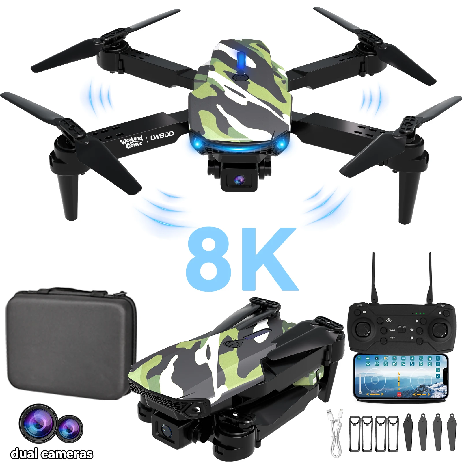

E88 camouflage foldable drone, equipped with dual high-definition cameras, 360 ° roll, one click takeoff/landing