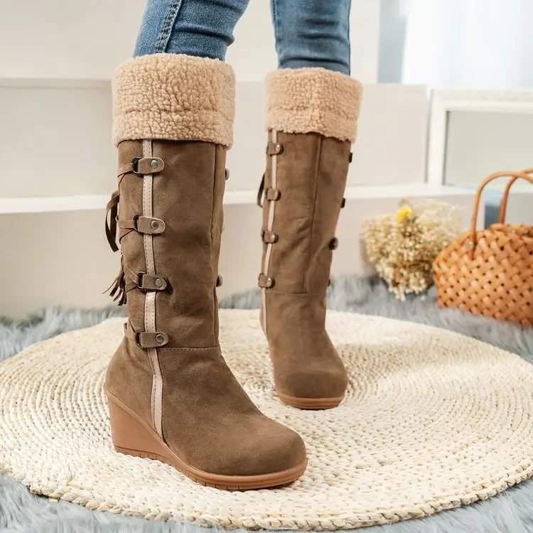 

Shoes Female 2023 New Knee-High Women's Boots Warm Modern Boots Women Solid Slip-on Fringe Lace-up Round Toe Wedges Shoes Women