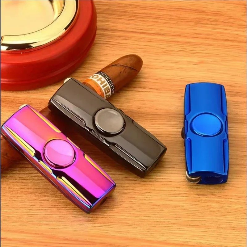 Metal Fingertip Gyroscope Gas Windproof Double Fire Blue Flame Direct Charge Lighter Creative Toy Gifts Cigarette Accessories