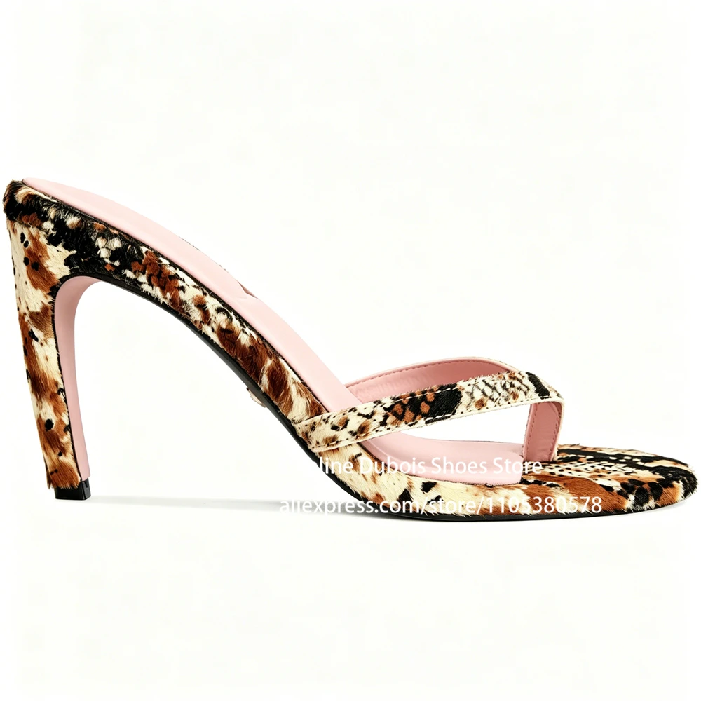 Zebra Print Pony Hair High Heel Flip Flops Open Toe Slip on Spike Heels Slide Sandals Animal Print Party Summer Shoes for Women - view 5