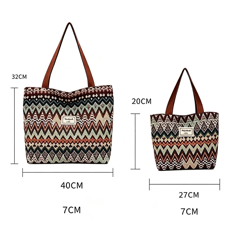 Bohemian Ethno-Stil Geometrischer Druck Canvas-Umhängetasche, Bunte Zickzack-Muster-Handtasche für Damen, Leichte Pendler-Tragetasche – Detail 1