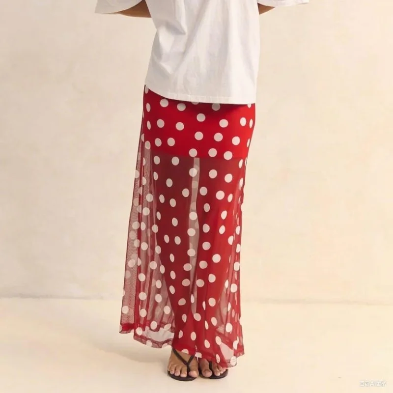 Y2K 페어리 코켓 스커트 드레스 여성용 맥시 스커트 시스루 로우라이즈 러플 폴카 도트 프린트 화이트 블랙 메쉬 시어 스커트