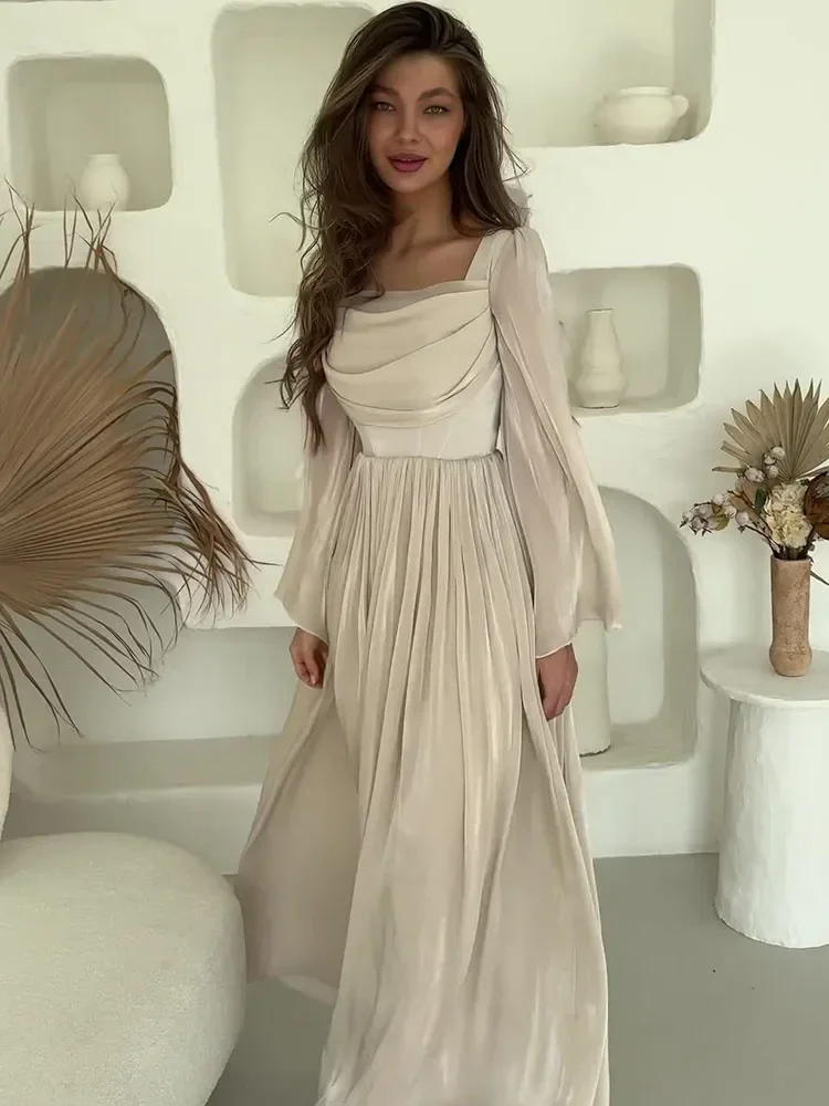 Elegant Satin Pleated Long Dress Women Summer Fashion Solid Color Sexy Slim Long Sleeve Party Dinner Dress Long Dress 2024