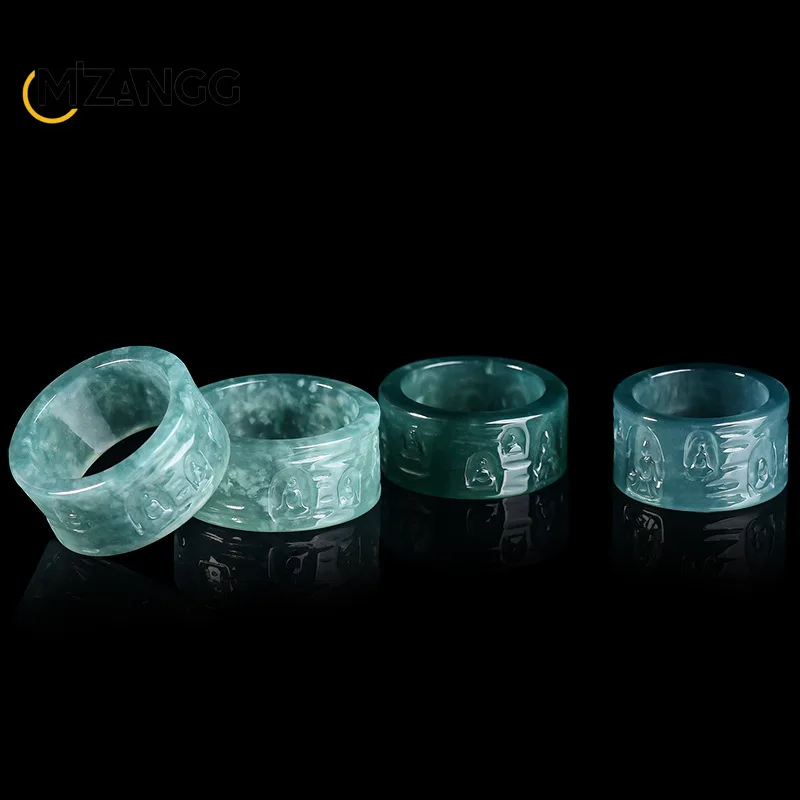 Natural Grade A Jadeite Blue Water Mogao Grottoes Nirvana Formless Buddha Thimble Ring Stylish Ice-Type Jade Ring Men's Gift
