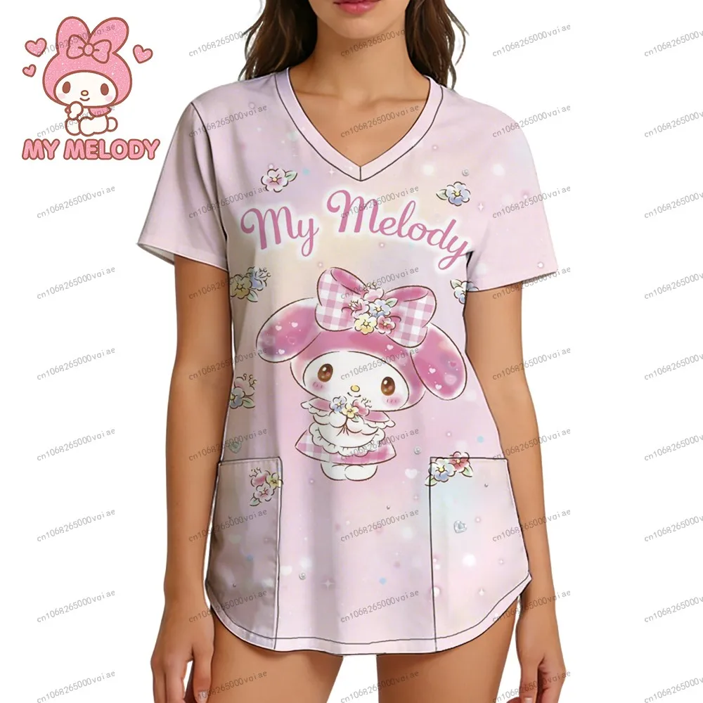 

Sanrio Summer V Neck T-shirt Top My Melody Nurse Uniform Women's T-shirt Trend Shirts S-2XL Streetwear Leisure 3D Print Fashion