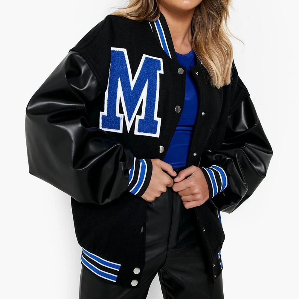 

Bomber Jackets Women 2023 Antumn Winter Faux Leather Sleeve Letters Print Coats Woman Baseball Uniform Jacket New Outerwear