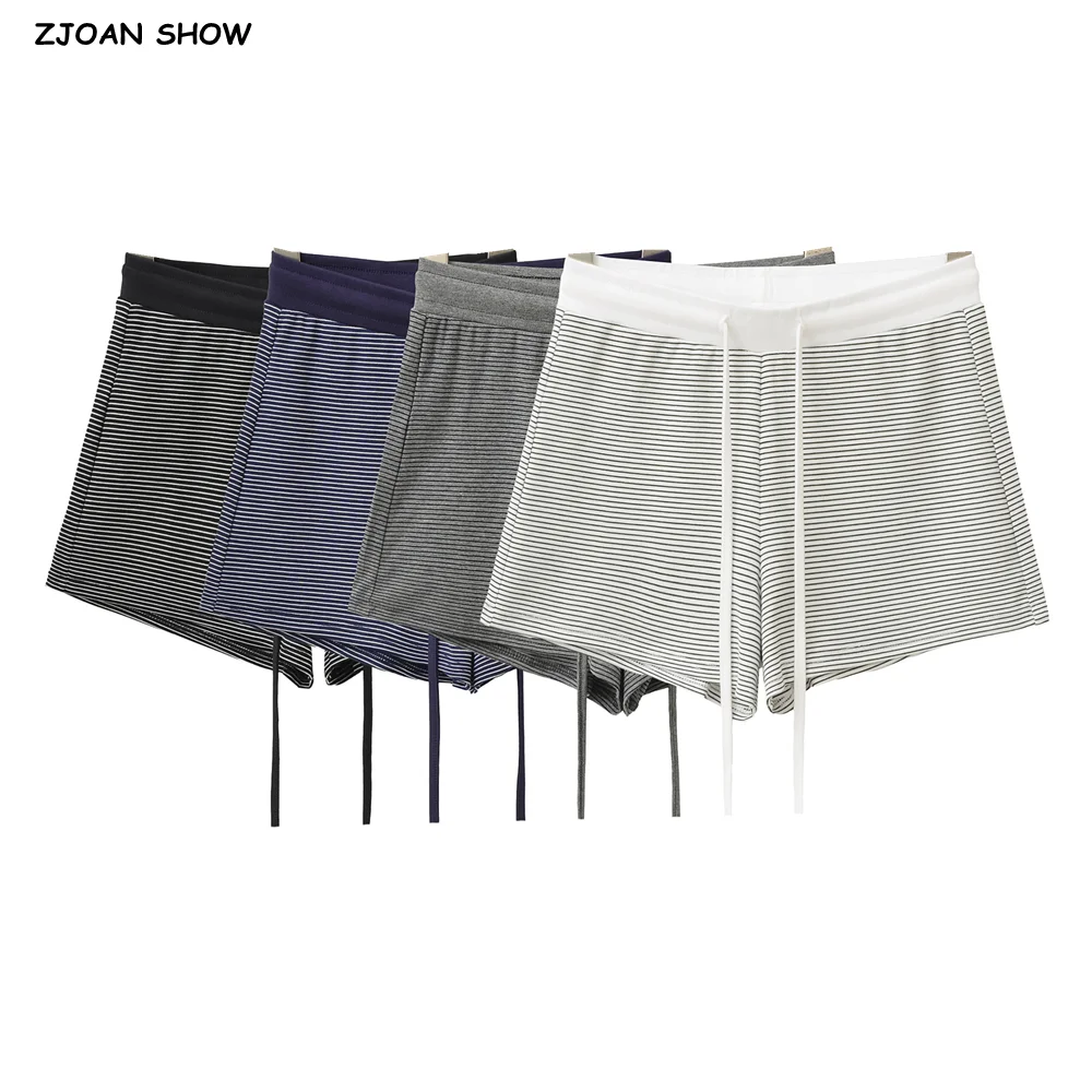 

4 цвета, 202, американские ретро женские летние шорты контрастного цвета в горизонтальную полоску, короткие шорты с эластичной резинкой на талии и веревкой