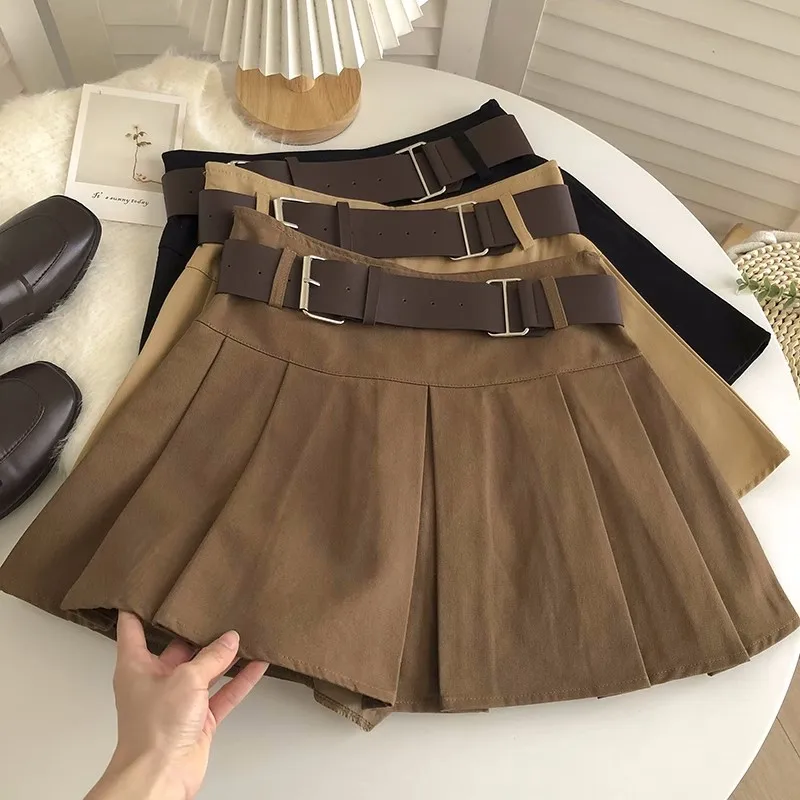 

With Belt 2023 Spring Summer High Waist A Line Pleated Skirt Women All Match Umbrella Skirts Female Casual Short Mini Skirt Saia