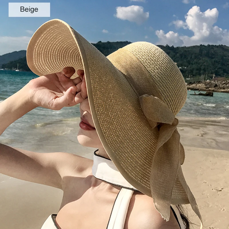 

Summer Women Straw Hat Bowknot Wide Brim Floppy Panama Hats Female Lady Outdoor Foldable Beach Sun Cap