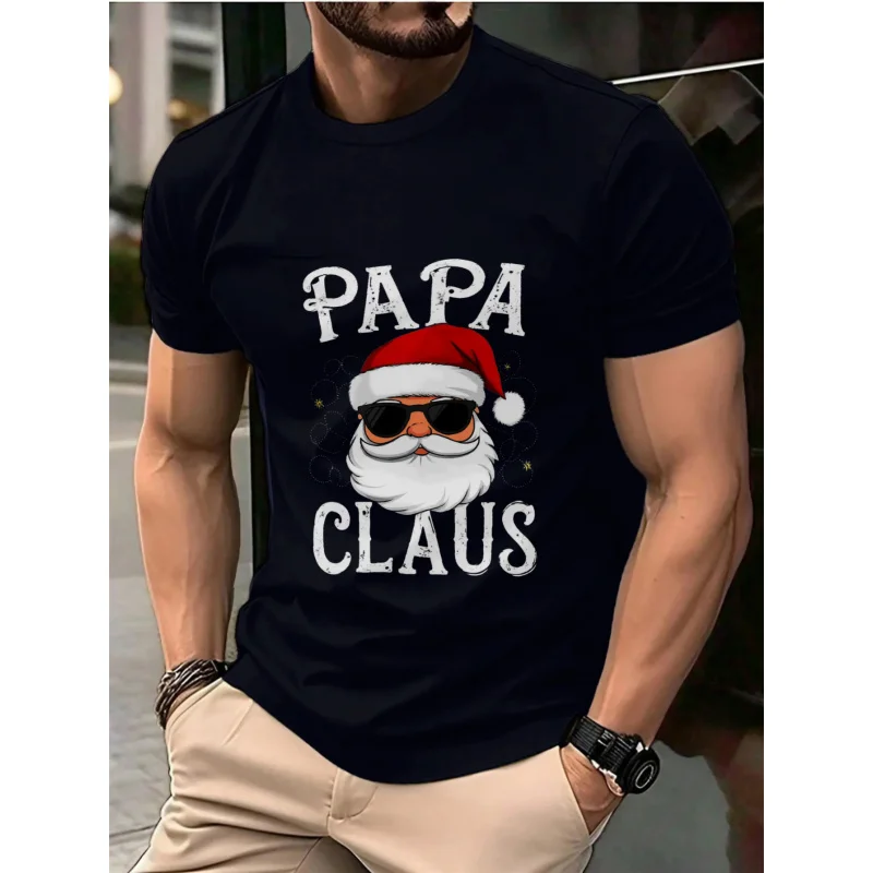 

Men's T-Shirt Black Papa Claus Santa Face with Sunglasses Printed Pattern & Text High Quality Cotton 180g