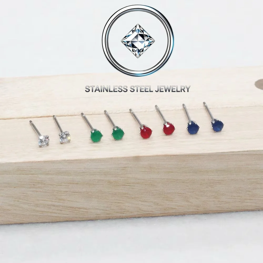 2PC Stainless Steel 3mm Vintage Green Blue Red Zircons Stud Earrings For Men Women Delicate Fashion No Fade Allergy Free
