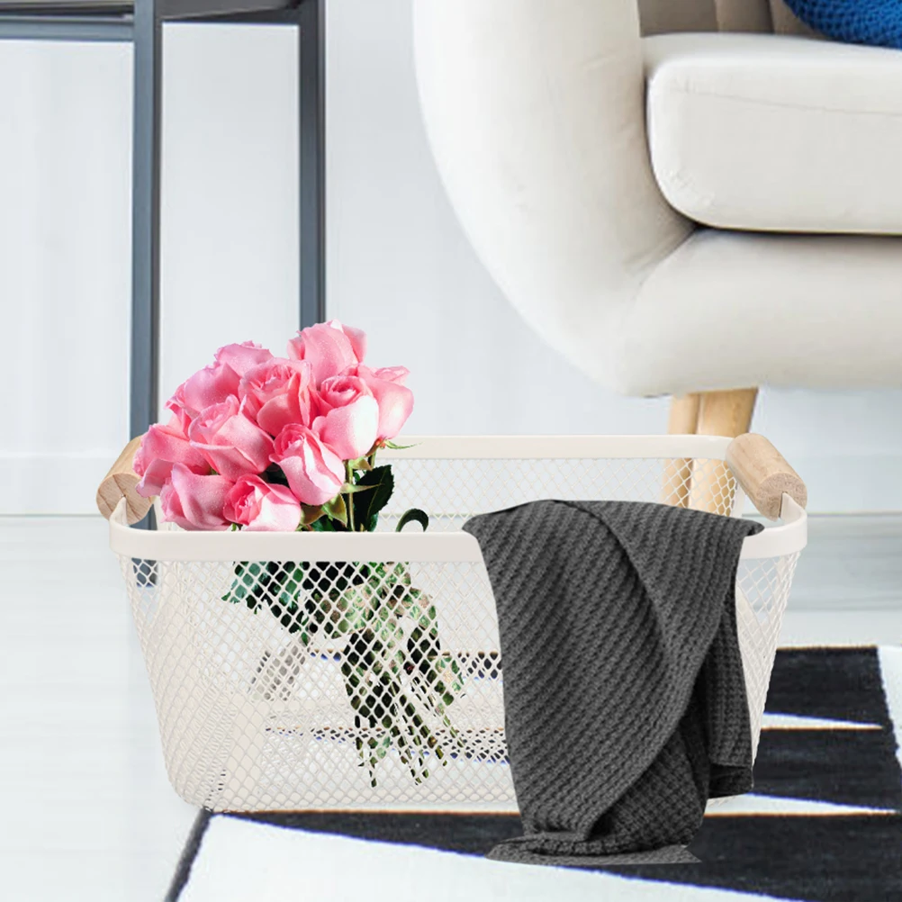 

Decorative Iron Mesh With Wooden Handle Storage Organizer For Bathroom Wire Baskets Farmhouse Style Rectangular Metal