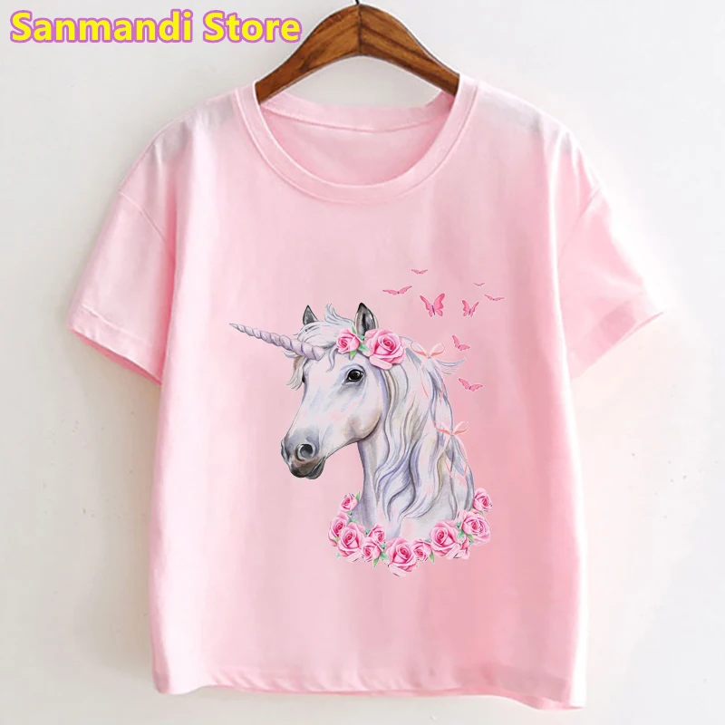 

New Pink Butterfly Unicorn Print T-Shirt Girls/Boys Summer Fashion Tops Shirt Rose Flowers Children'S Clothing Tshirt 3-13Y