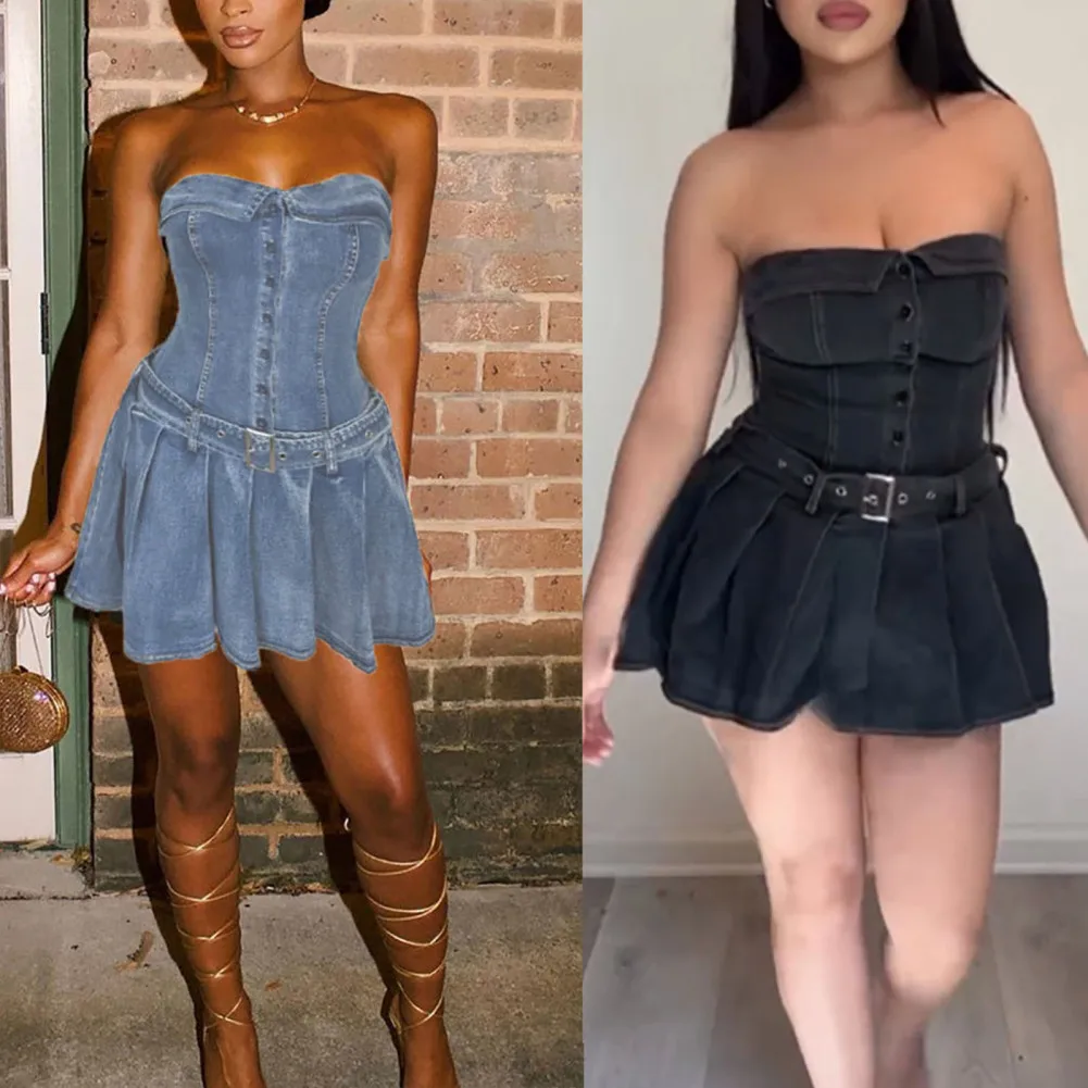 

Women's Strapless Denim Dress Stretchy Off Shoulder Sleeveless Corset Tube Top Dress Summer Pleated Mini Jean Dress With Belt