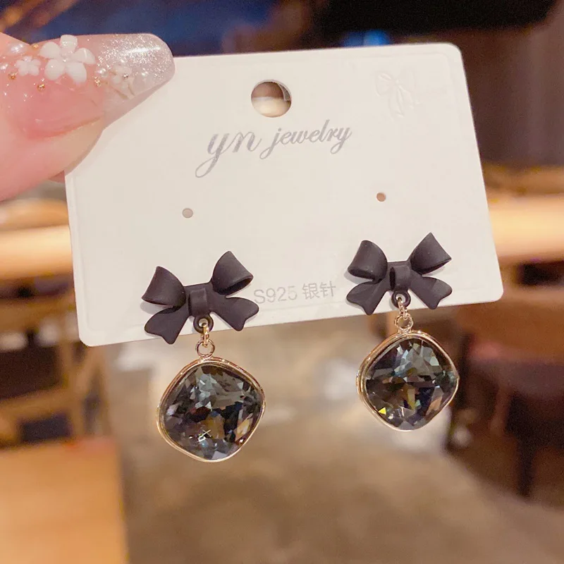 Trend Black CZ Crystal Bowknot Square Drop Earrings for Women Temperament Simple Korean Sweet Girl Friend Jewelry