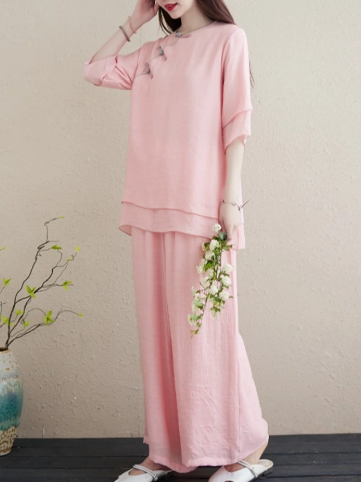 الرجعية القطن الكتان ملابس اليوغا زن دراسة البدلة المرأة الصيف خمر زر الجانب S Zen Sle Layette قطعتين مجموعة #2