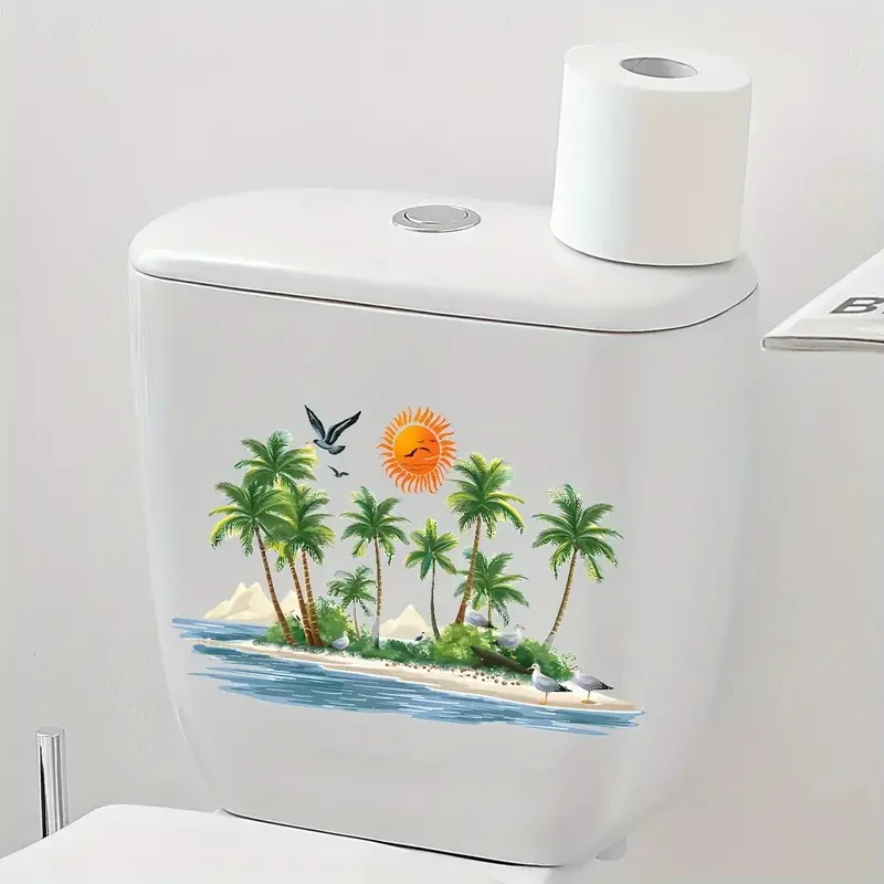 Tropical Beach Sunset Palm Tree Toilet Lid Decal - Self-Adhesive PVC Toilet Cover Sticker with Ocean Waves, Seagulls