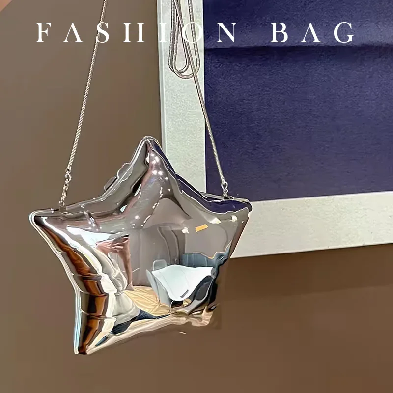 Bolso de noche con cadena plateada y dorada para mujer, bandolera con cara brillante, estrella de cinco puntas, fiesta divertida, 2024