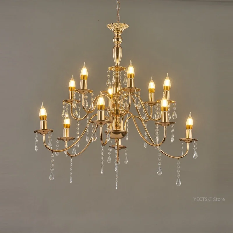 

GHJUYIOL A European style double-layer crystal chandelier with iron and gold-plated lamp