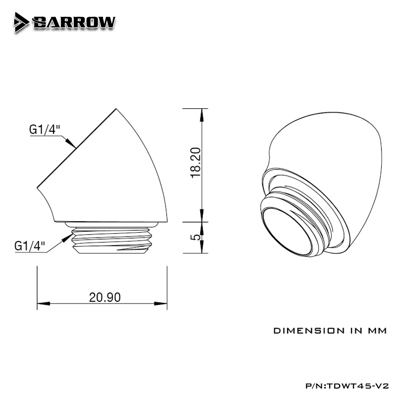 Barrow TDWT45-V2 PC Water Cooling Shape 45° Angled Fitting Adapter G1/4'' Thread, Hard Tube Building M-F Rotatable Connector