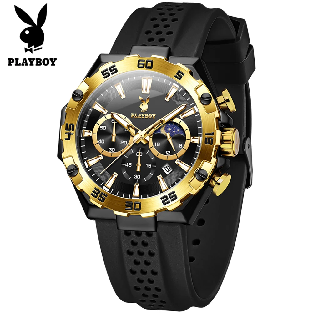 PLAYBOY Man Watch Breathable Silicone Strap Golden Black Chronograph Quartz Watches for Men Elegant Gentleman Sports Watch 3518